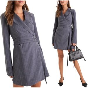 Steve Madden NWT Charcoal Pinstripe Blazer Long Sleeve Belted Mini Dress